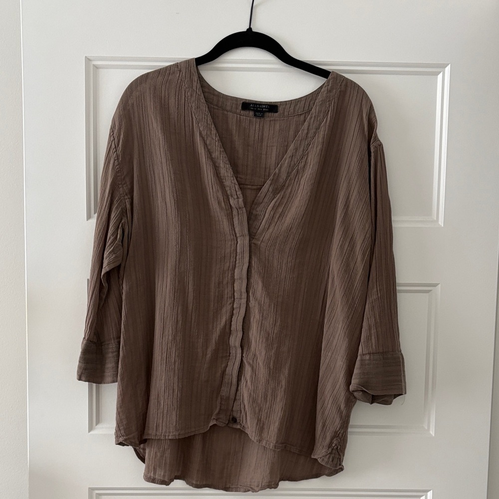 All Saints Taupe V-Neck Blouse